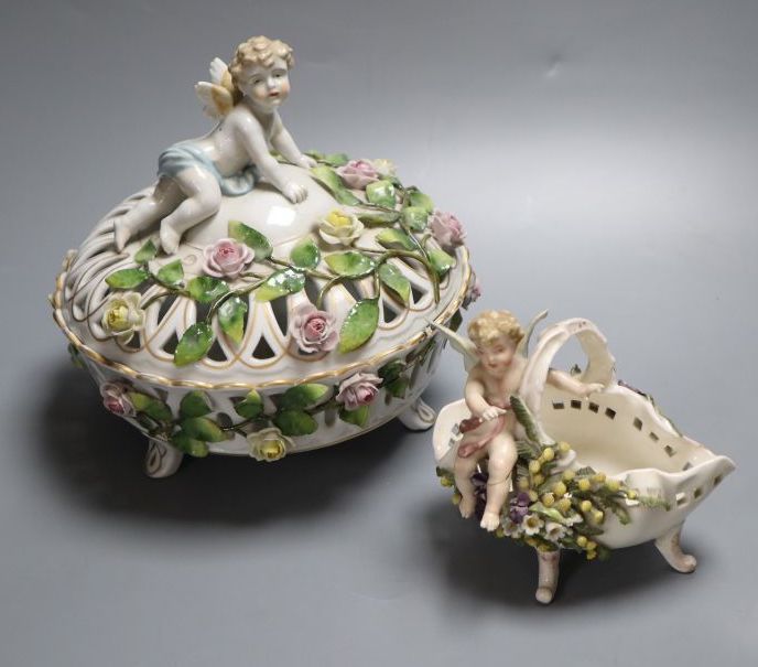 Two German pot-pourri bowls with cherubs, tallest 19cm